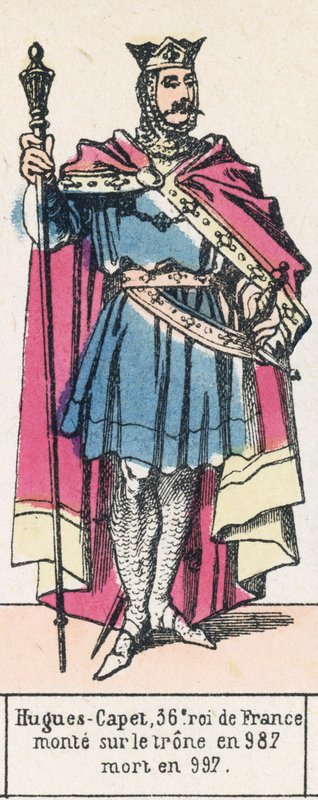 Hugues-Capet, Frankrikes 36:e kung, besteg tronen 987, dog 997 (färgad gravyr) av French School