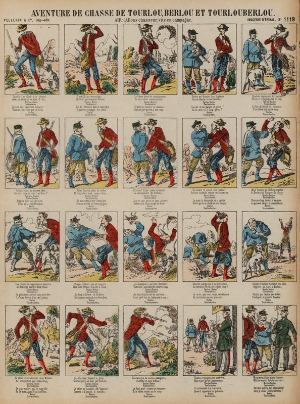 Jaktäventyr av Tourlou, Berlou och Tourlouberlou (färgad gravyr) av French School