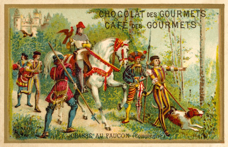 Jakt med falkar, Compiegne, Frankrike (chromolitho) av French School
