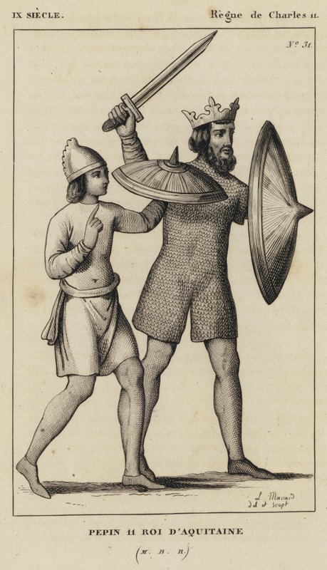 IX Century, regeringstid av Karl II, Pepin II, kung av Aquitaine (gravyr) av French School