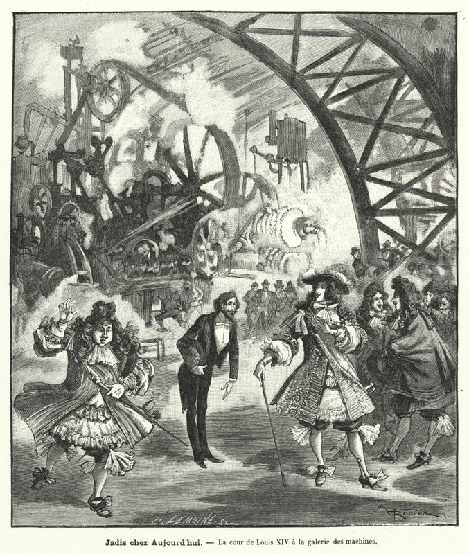 Föreställt besök av kung Ludvig XIV och hans hov i maskinpaviljongen vid Exposition Universelle i Paris 1889 (gravyr) av French School