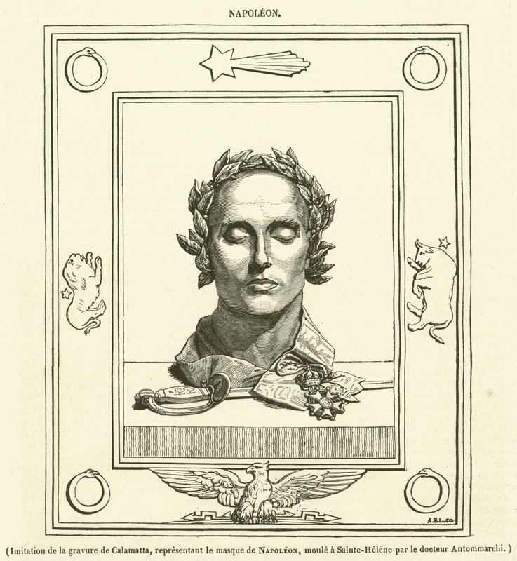 Imitation av Calamattas gravyr av Napoleons mask, gjuten i Sainte-Helene av Dr Antommarchi (gravyr) av French School