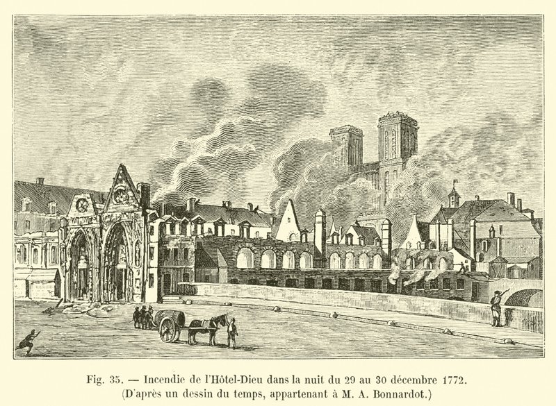 Brand på Hôtel-Dieu natten mellan den 29 och 30 december 1772, efter en ritning av tiden, tillhörande M A Bonnardot av French School