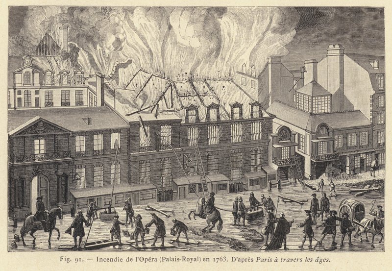 Brand på Operan, Palais-Royal, 1763 (gravyr) av French School