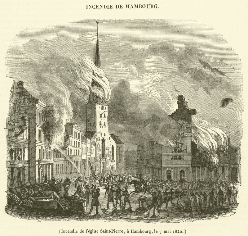 Bränning av Peterskyrkan, Hamburg, 7 maj 1842 (gravyr) av French School