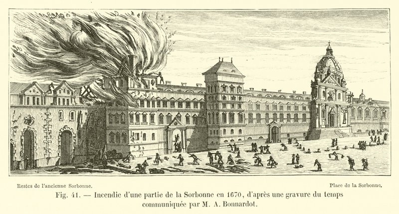 Brand i en del av Sorbonne 1670, från en gravyr från tiden kommunicerad av M A Bonnardot av French School