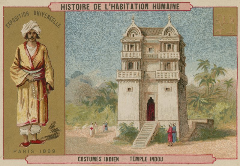 Indisk dräkt och ett hinduiskt tempel av French School