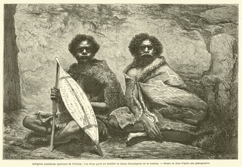 australiensiska infödda (provinsen Victoria); en av dem bär en sköld gjord av eukalyptus eller banksia bark (gravyr) av French School