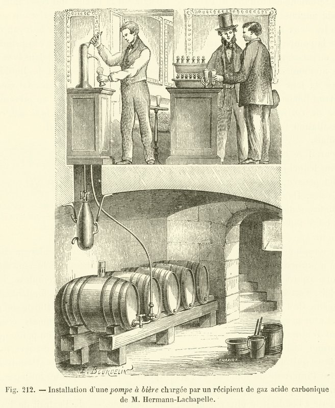 Installation av en ölpump laddad med en behållare med kolsyra av M Hermann-Lachapelle (gravyr) av French School