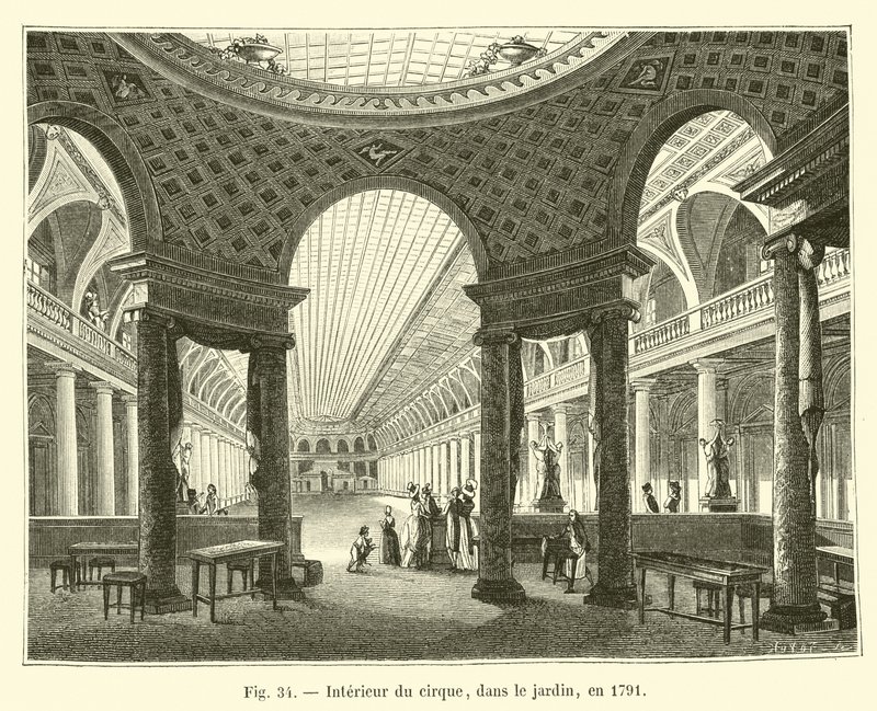 Cirkusens interiör, i trädgården, 1791 av French School