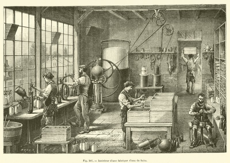 Interiör av en seltzervattenfabrik (gravyr) av French School