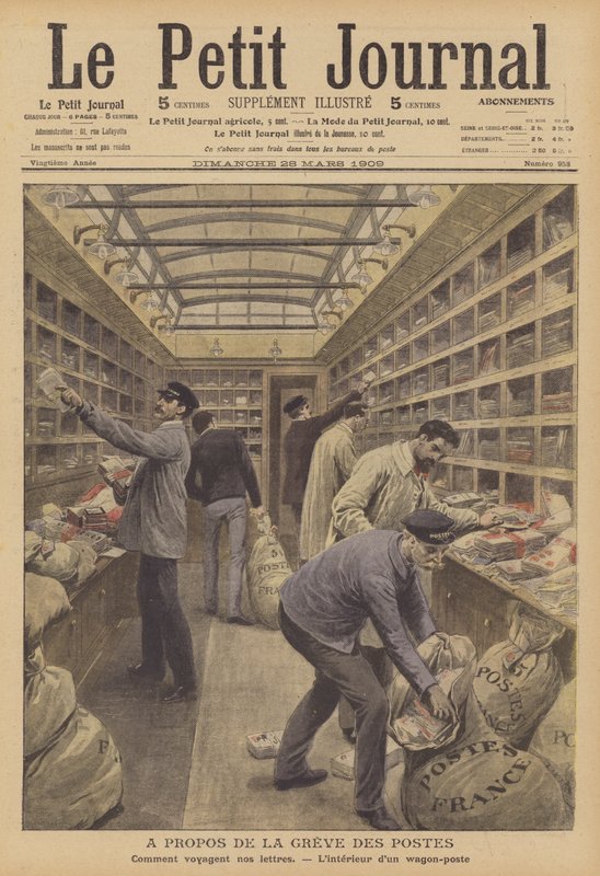 Interiör av en postbil på ett franskt tåg (färg litho) av French School