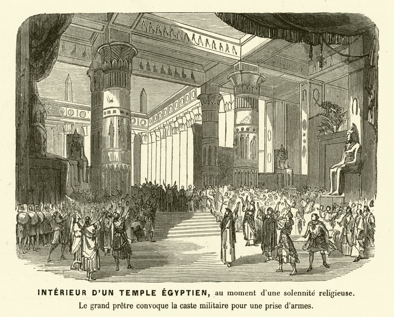 Interiör av ett forntida egyptiskt tempel under en gudstjänst (gravyr) av French School