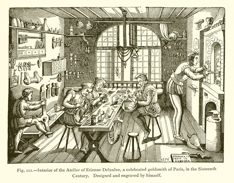 Interiör av Atelier of Etienne Delaulne, en hyllad guldsmed i Paris, på 1500-talet av French School