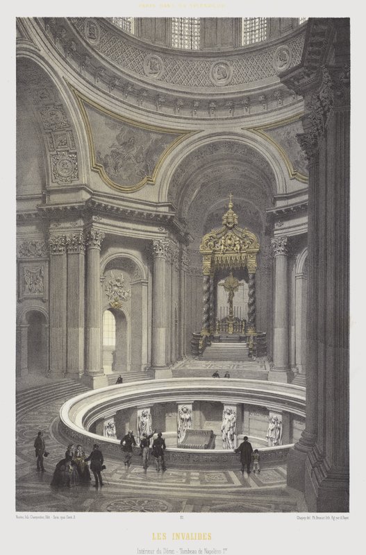 Interiör av Napoleon I:s kupol och grav, Les Invalides, Paris (färg litho) av French School