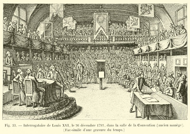Förhör av Ludvig XVI, 26 december 1792, i Salle de la Convention, före detta ridskola, faksimil av en gravyr från tiden av French School