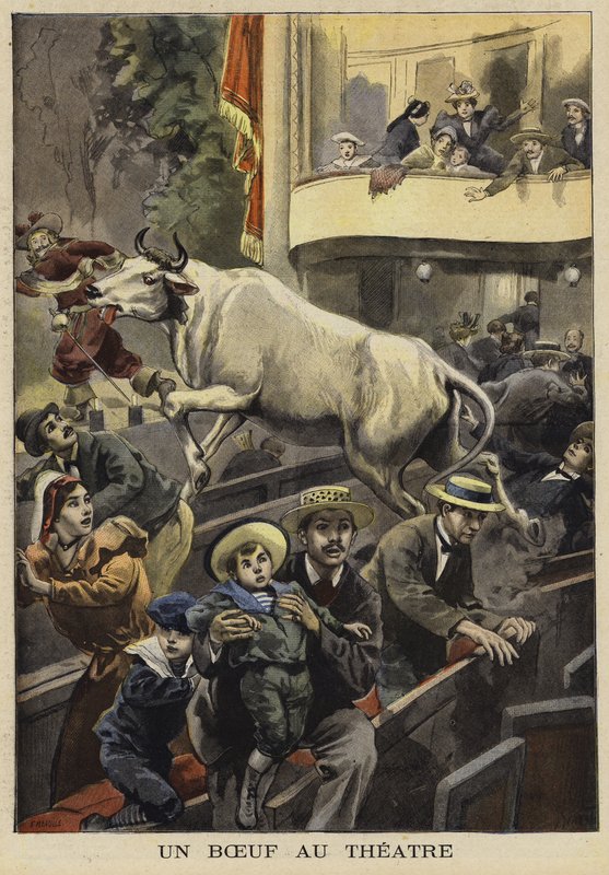 Avbrott i en teaterföreställning av en tjur, Villefranche-de-Lauragais, Frankrike, 1897 av French School