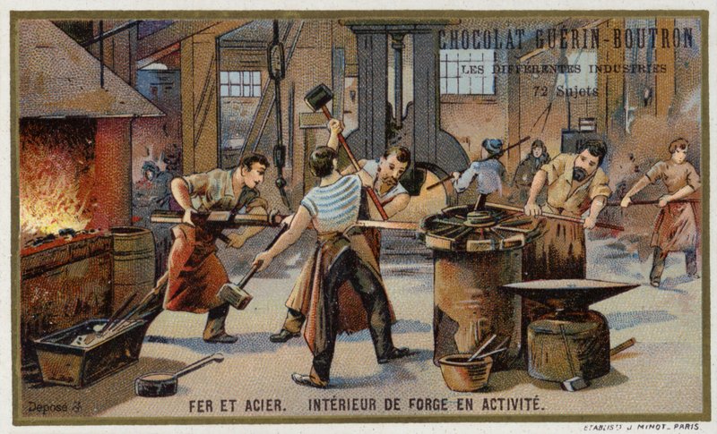 Järn och stål. Interiör av en upptagen smedja (chromolitho) av French School