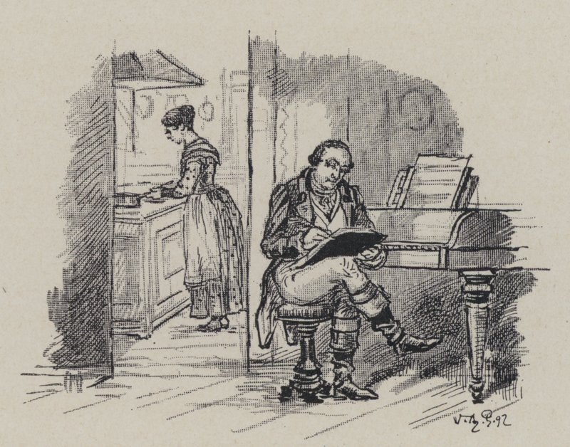 Italienska kompositören Gioachino Rossini komponerar hemma (gravyr) av French School