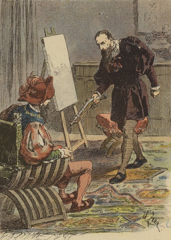 Italienska målaren Tintoretto närmar sig Pietro Aretino, beväpnad med en pistol, för att ta hans mått för sitt porträtt av French School