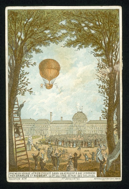 Jacques Charles och Marie-Noel Robert gör den första uppstigningen i en väteballong, Paris, 1 december 1783 av French School