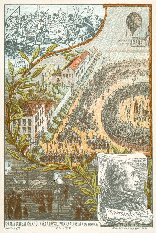 Jacques Charles skjuter upp den första väteballongen från Champ de Mars, Paris, 27 augusti av French School