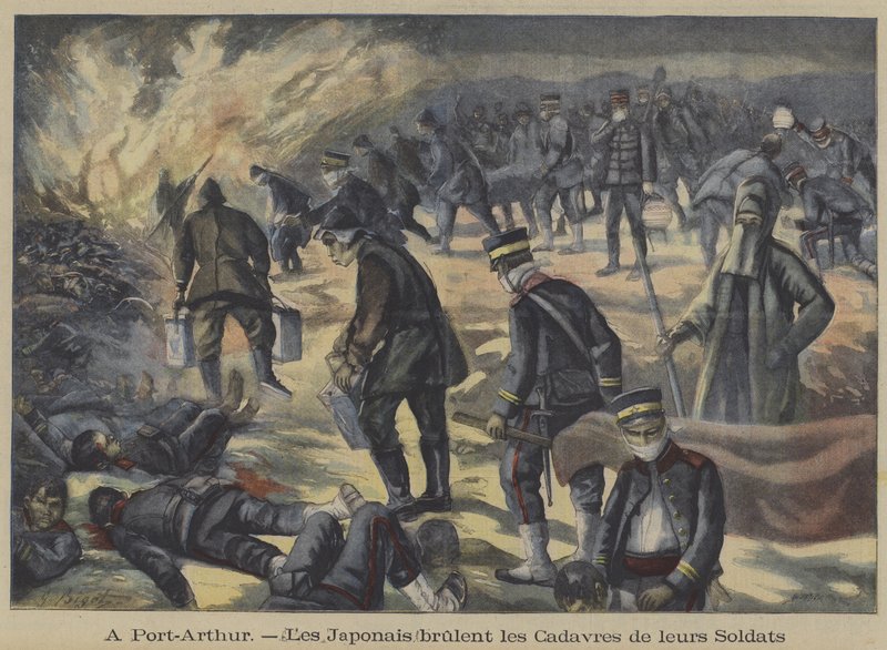 Japanska soldater bränner kropparna av sina döda kamrater dödade vid belägringen av Port Arthur, rysk-japanska kriget (färg litho) av French School