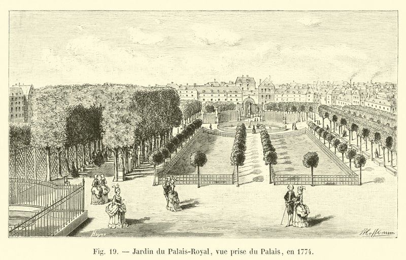 Garden of the Palais-Royal, utsikt tagen från palatset, 1774 av French School