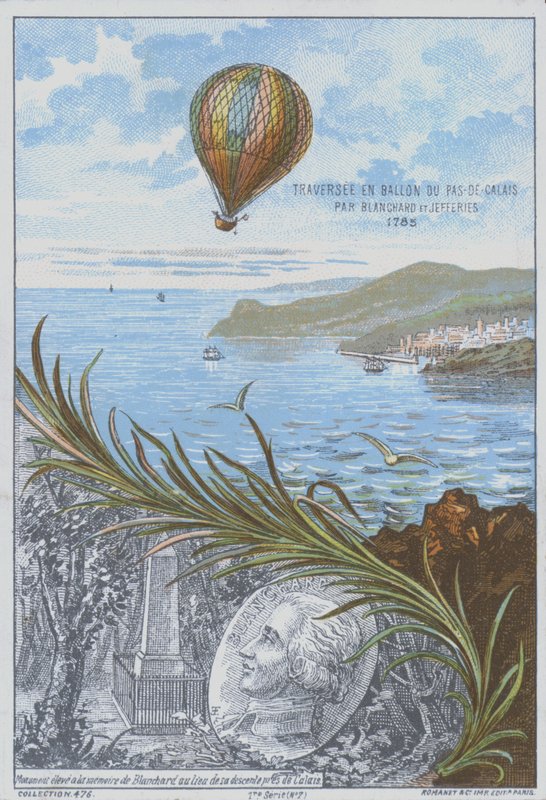 Jean-Pierre Blanchard och John Jeffries gör den första ballongflygningen över Engelska kanalen, 7 januari 1785 (färg litho) av French School