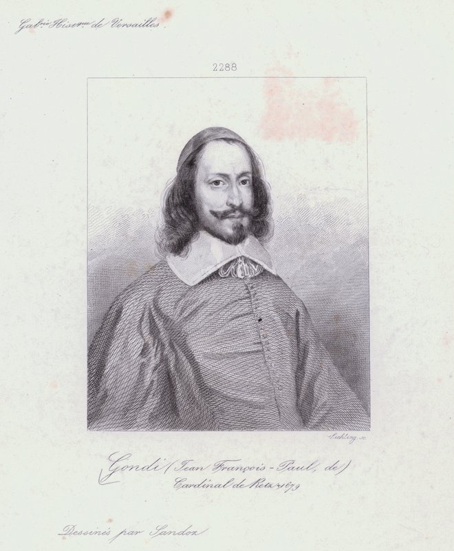 Jean Francois Paul de Gondi, kardinal de Retz, fransk präst och agitator i inbördeskriget i Fronde (gravyr) av French School