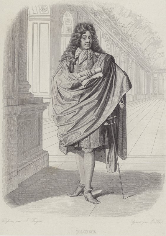 Jean Racine, fransk dramatiker, i Spegelsalen i Versailles (gravyr) av French School