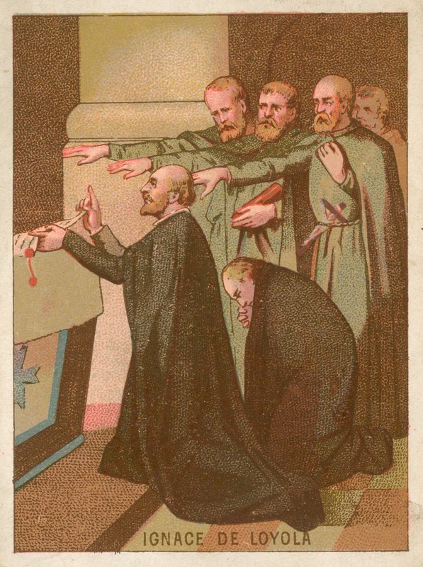 Jesuitpräst Saint Ignatius av Loyola knäböjer vid ett altare av French School
