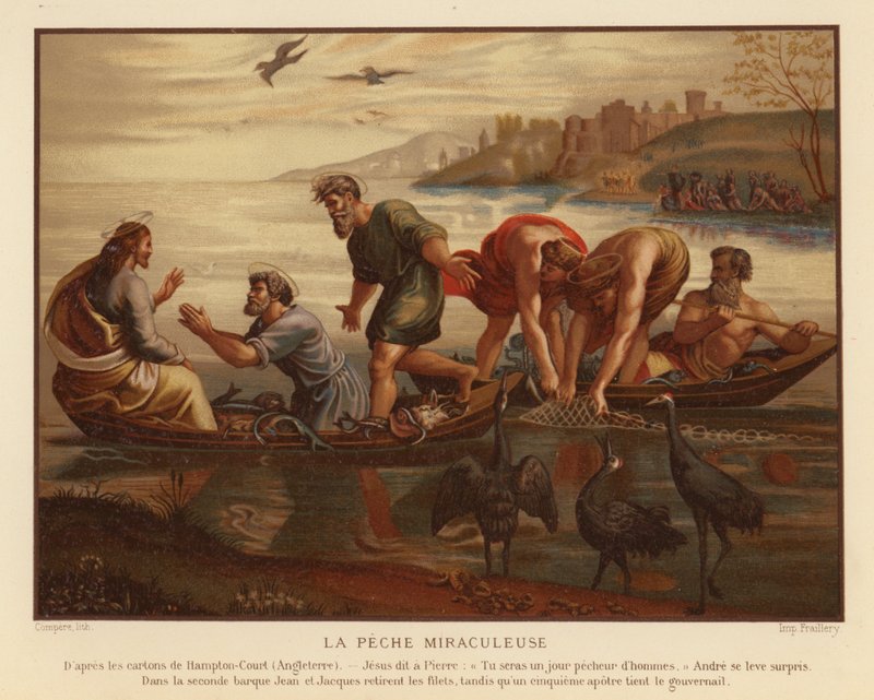 Jesus Kristus och det mirakulösa draget av fiskar (chromolitho) av French School