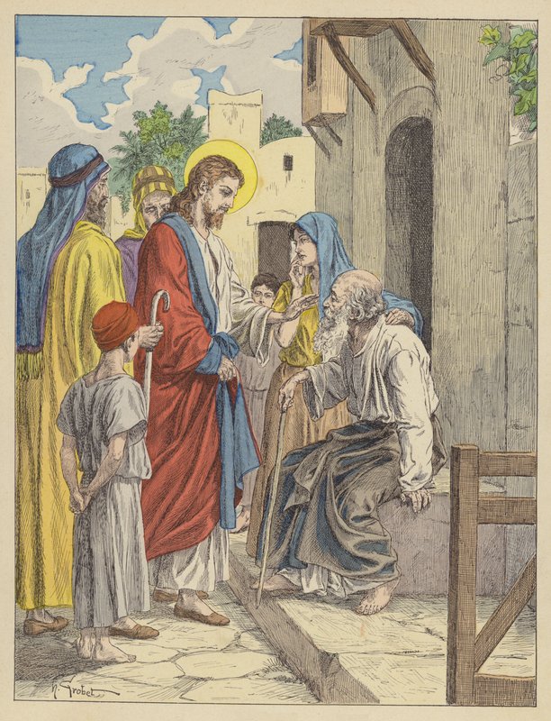 Jesus botar den blinde mannen (färglitografi) av French School
