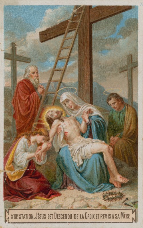Jesus tas ner från korset och återlämnas till sin mor. Den trettonde korsstationen av French School