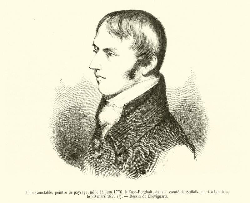 John Constable, landskapsmålare, född 11 juni 1776 i East-Bergholt, i grevskapet Suffolk, död i London 30 mars 1837 (gravyr) av French School