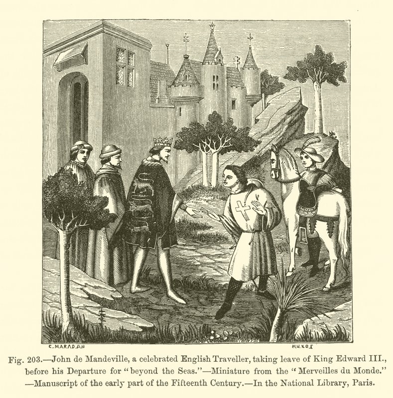 John de Mandeville, en hyllad engelsk resenär, tar avsked av kung Edward III, innan hans avresa för "bortom havet" (gravyr) av French School