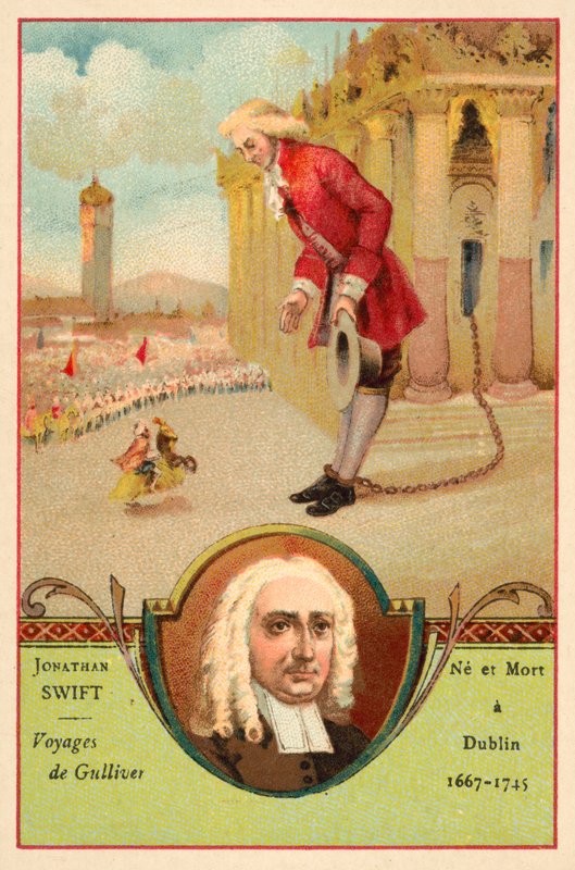 Jonathan Swift, irländsk författare, och en scen från hans roman Gullivers resor (chromolitho) av French School