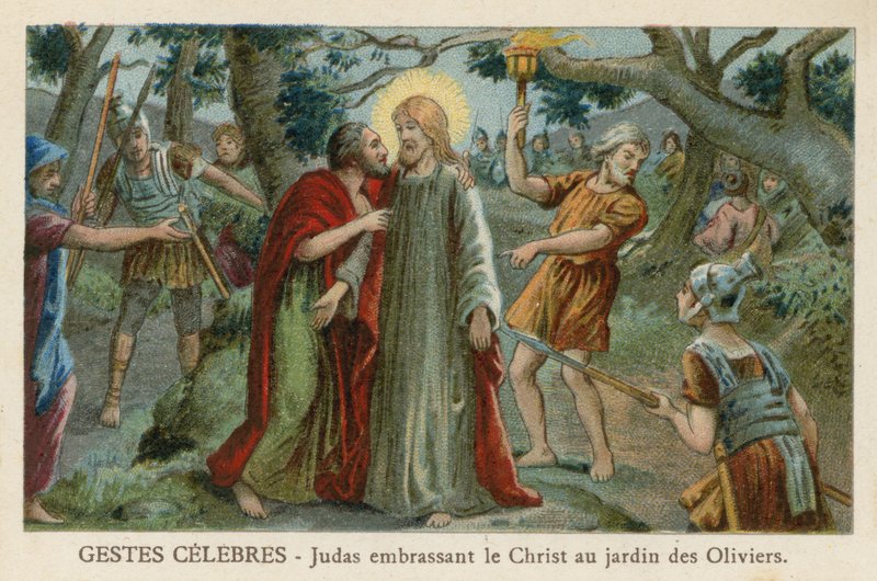 Judas kysser Kristus i Getsemane trädgård av French School