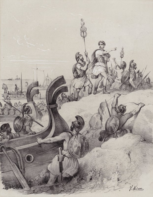 Julius Caesar och romarna landar i Kent i sin första invasion av Storbritannien, 55 f.Kr. (litho) av French School
