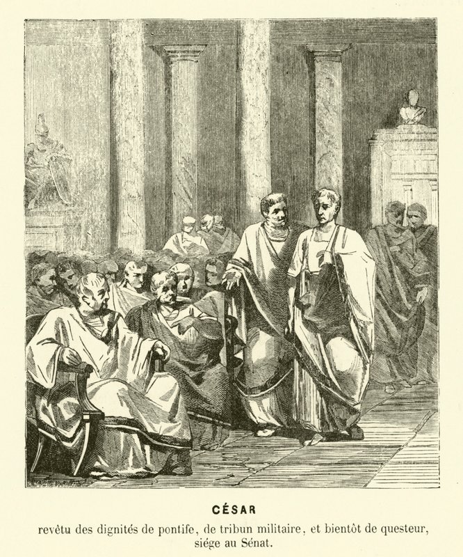 Julius Caesar i den romerska senaten (gravyr) av French School