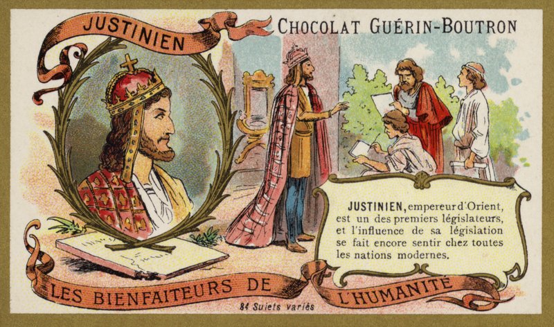 Justinian I, bysantinsk kejsare (chromolitho) av French School
