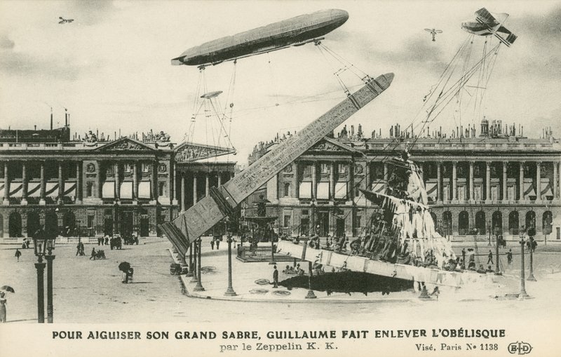 Kaiser Wilhelm II föreställde sig att ta bort obelisken från Paris av Zeppelin (litho) av French School