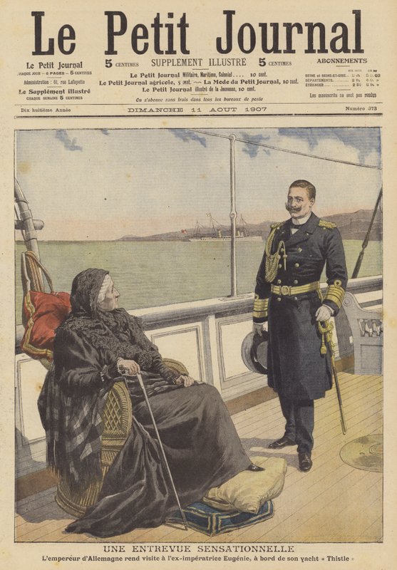 Kaiser Wilhelm II av Tyskland besöker ex-kejsarinnan Eugenie, änka efter Napoleon III av Frankrike, på sin yacht Thistle (färg litho) av French School