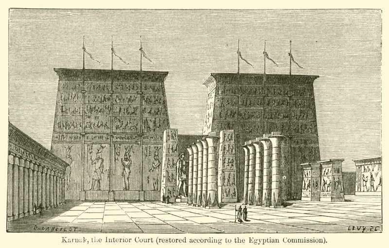 Karnak, den inre domstolen, restaurerad enligt den egyptiska kommissionen (gravyr) av French School