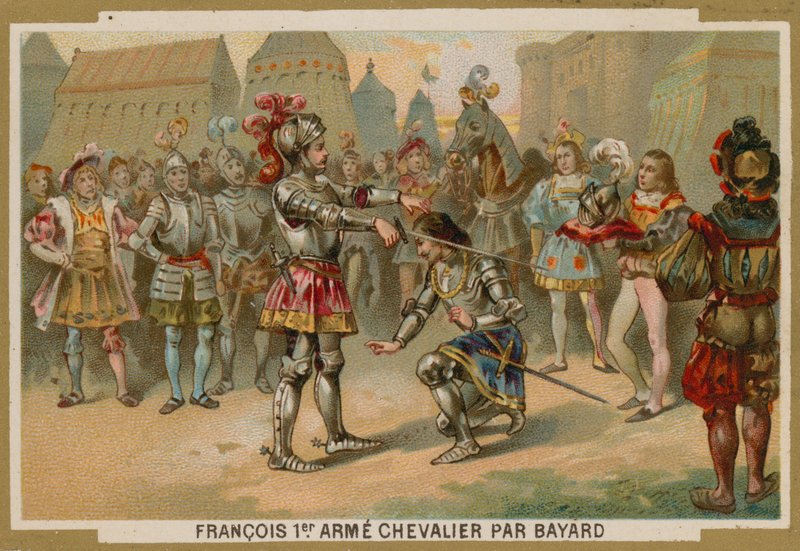 Kung Karl I av Frankrike adlad av Chevalier de Bayard efter slaget vid Marignano, 1515 av French School