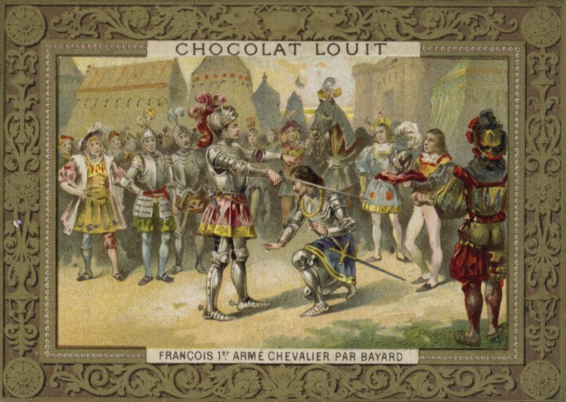 Kung Karl I av Frankrike adlad av Chevalier de Bayard efter slaget vid Marignano, 1515 av French School