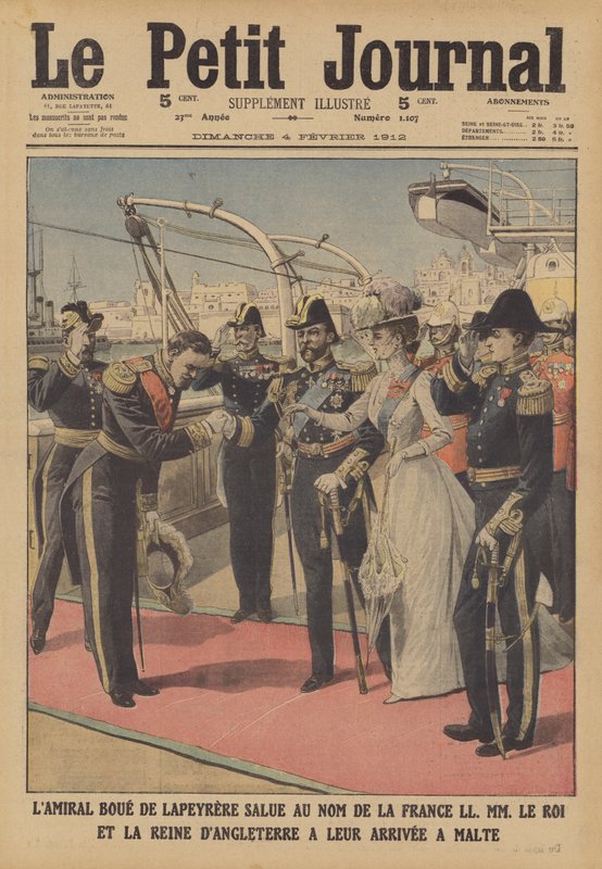 King George V och Queen Mary på Malta (färg litho) av French School