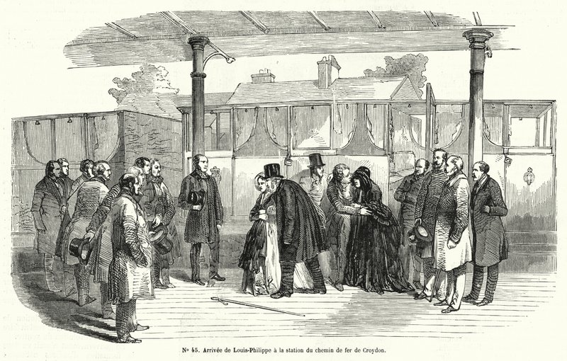 Kung Louis-Philippe av Frankrike anländer till Croydons järnvägsstation efter att ha tvingats i exil, februari 1848 (gravyr) av French School