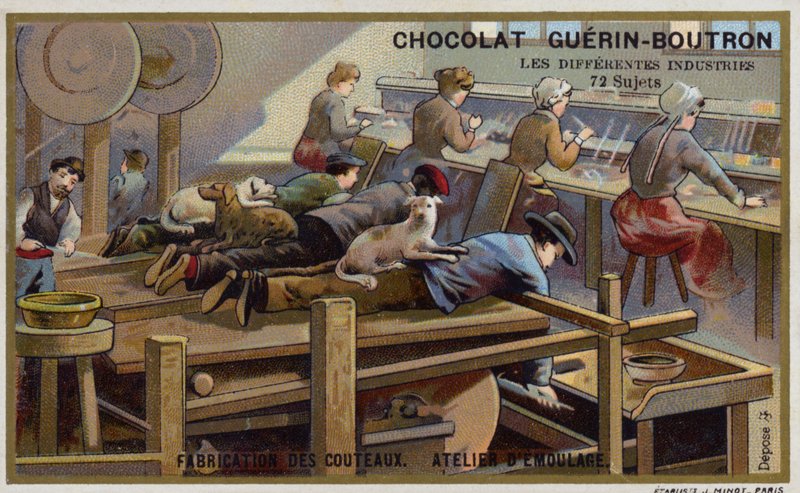 Knivtillverkning. Slipningsverkstad (chromolitho) av French School